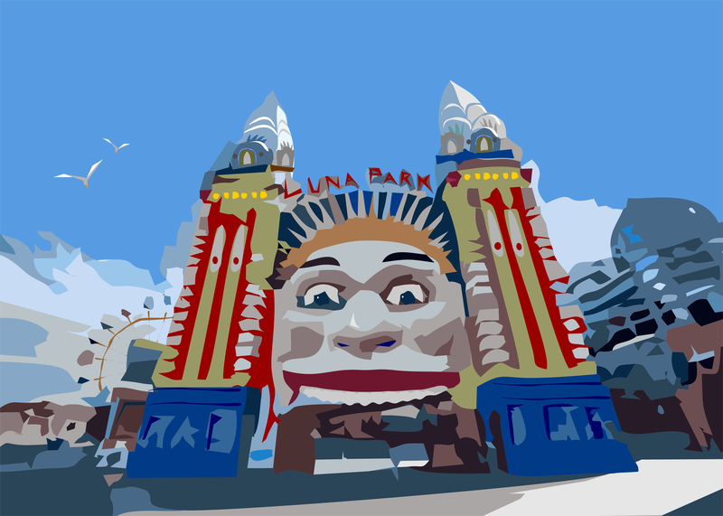 Luna Park is a colourful and exciting place to visit. This is a part digital and part hand drawn image that captures the sense of fun you will have when you visit this wonderful place. 