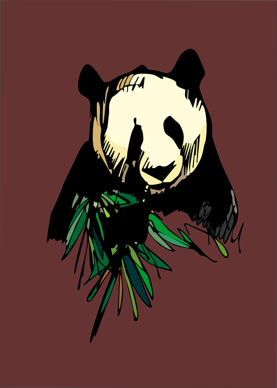 This image is an enlarged hand drawn image, coloured to create a graphic depiction of a panda eating its lunch.
This was created from a sketch made at the panda enclosure, in China