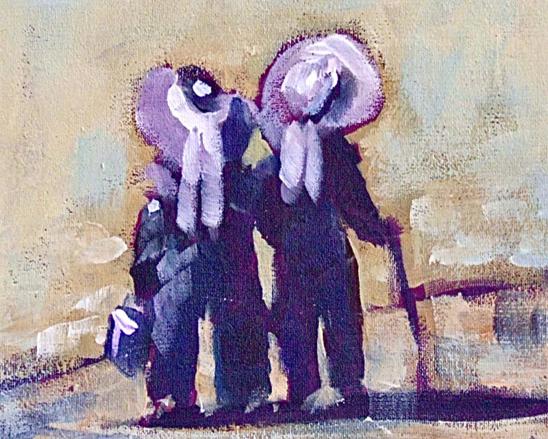 An acrylic painting of Victorian twins walking on the beach