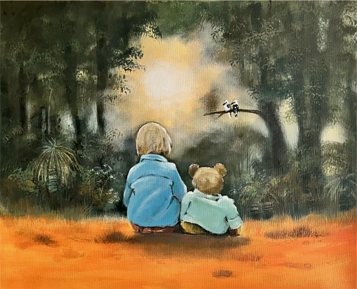 An illustration of a boy and his bear friend, looking at the kookaburras  